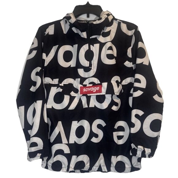 Brooklyn Cloth Mens SAVAGE Black White Lightweight 1/4 Zip Windbreaker Hoodie L - Picture 1 of 9